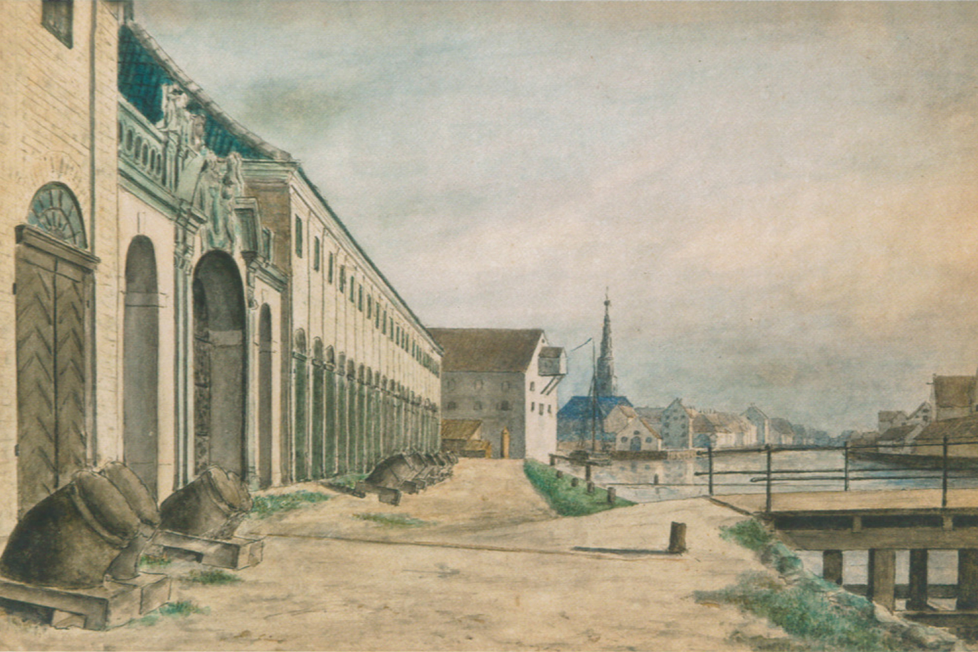 Akvarel af Emil Normann, 1840'erne, Søofficersforeningen. Søarsenalet, broen til Christiansholm, udsigt til Christianshavn.