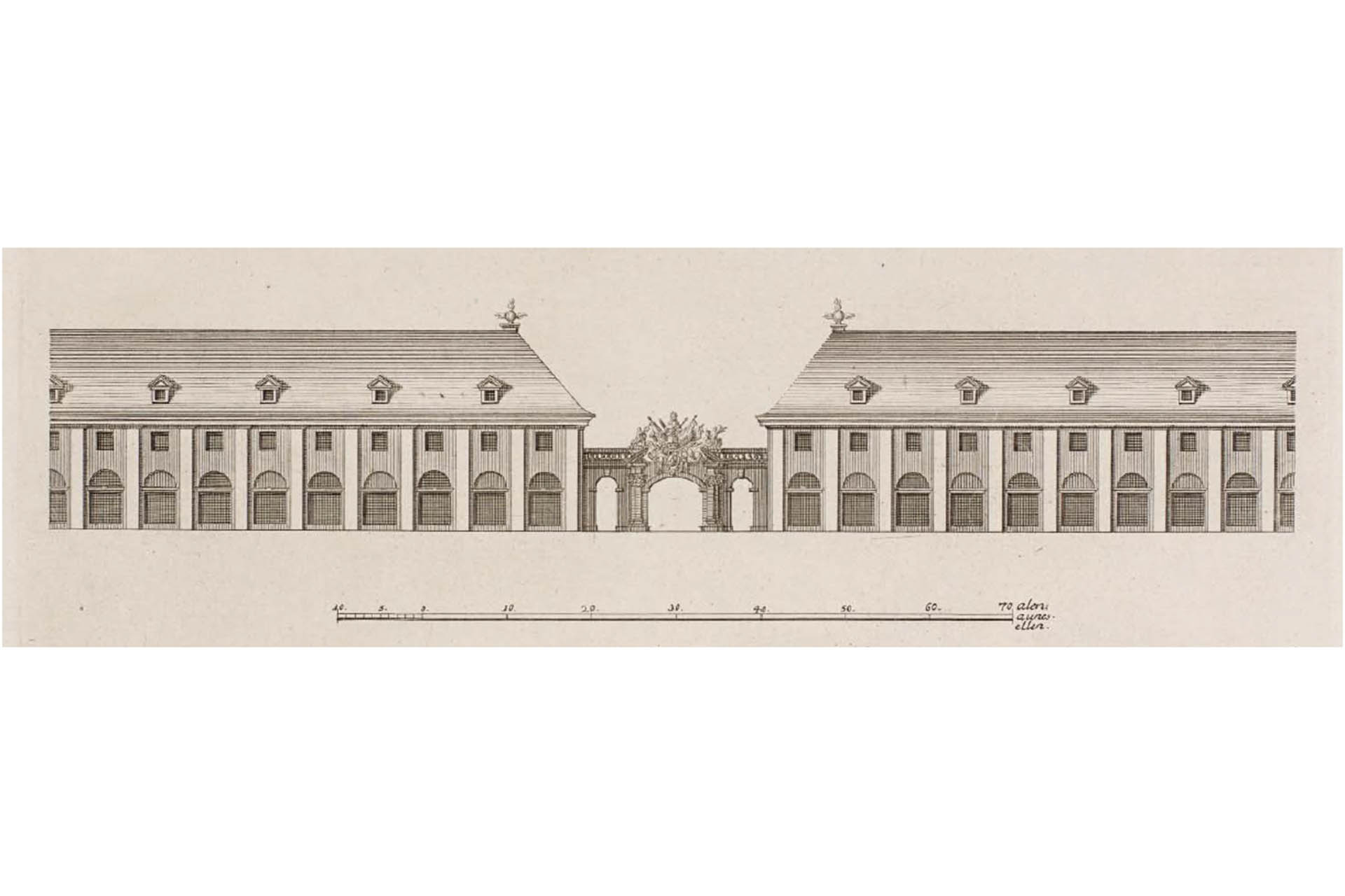 Søarsenalets hovedfløje forbundet via Kongeporten, Laurids de Thurah, 1748.