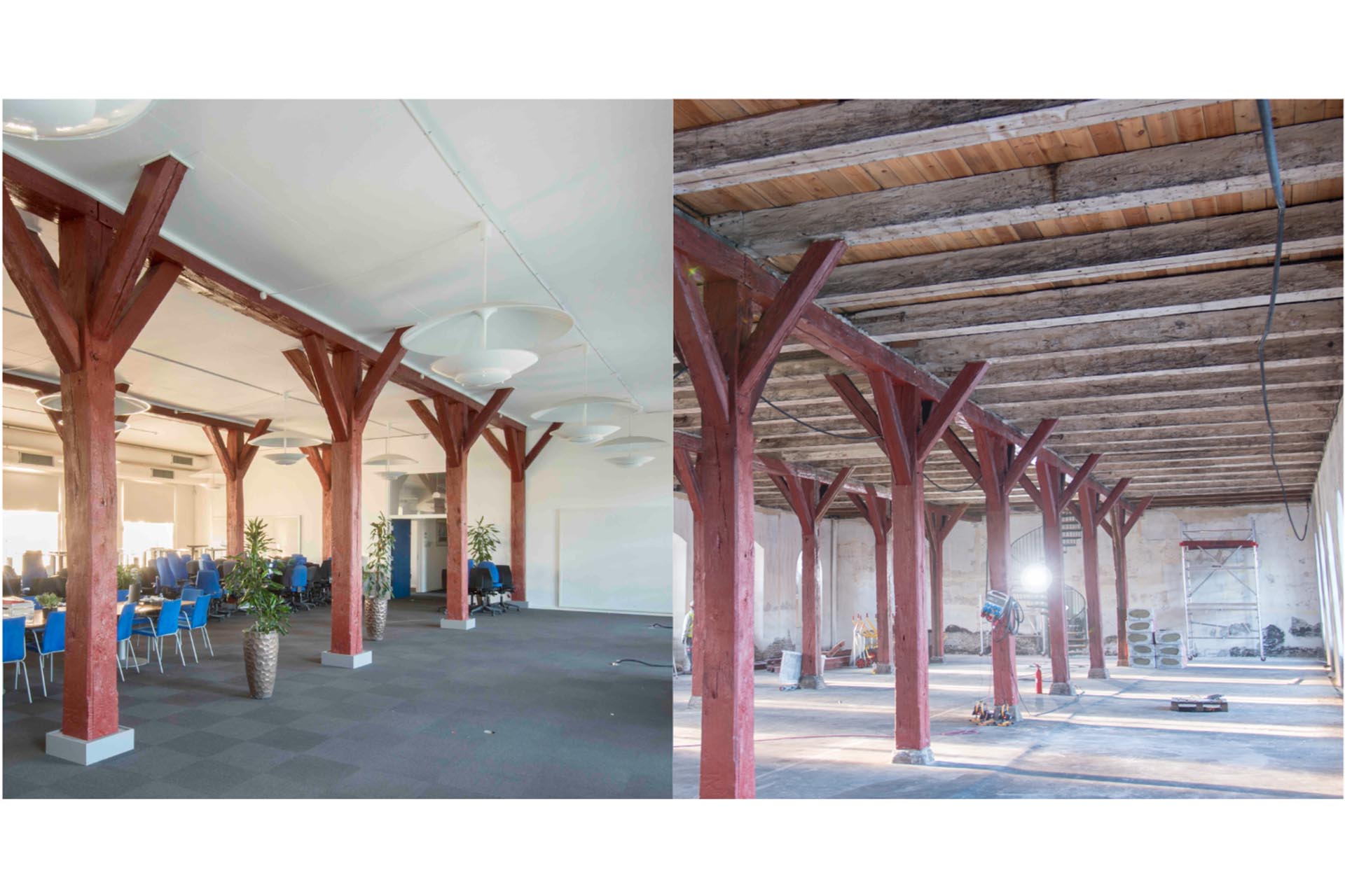 Før og under renoveringen af Kuglegården. Kilde Byggeselskab Mogens de Linde.
